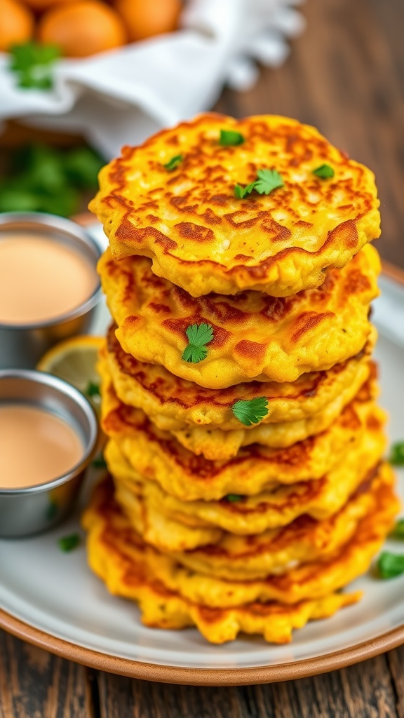 Crispy golden corn fritters on a plate with dipping sauce, garnished with parsley.